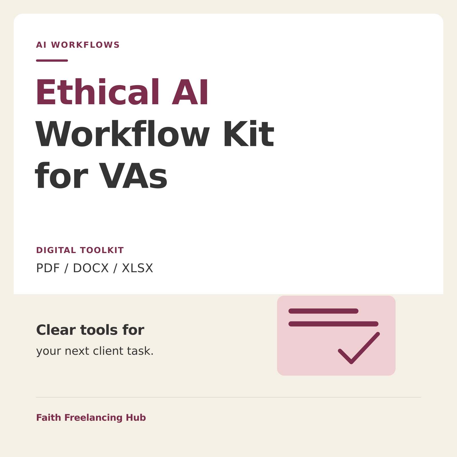 Ethical AI Workflow Kit for VAs showing its guide and Excel dashboard