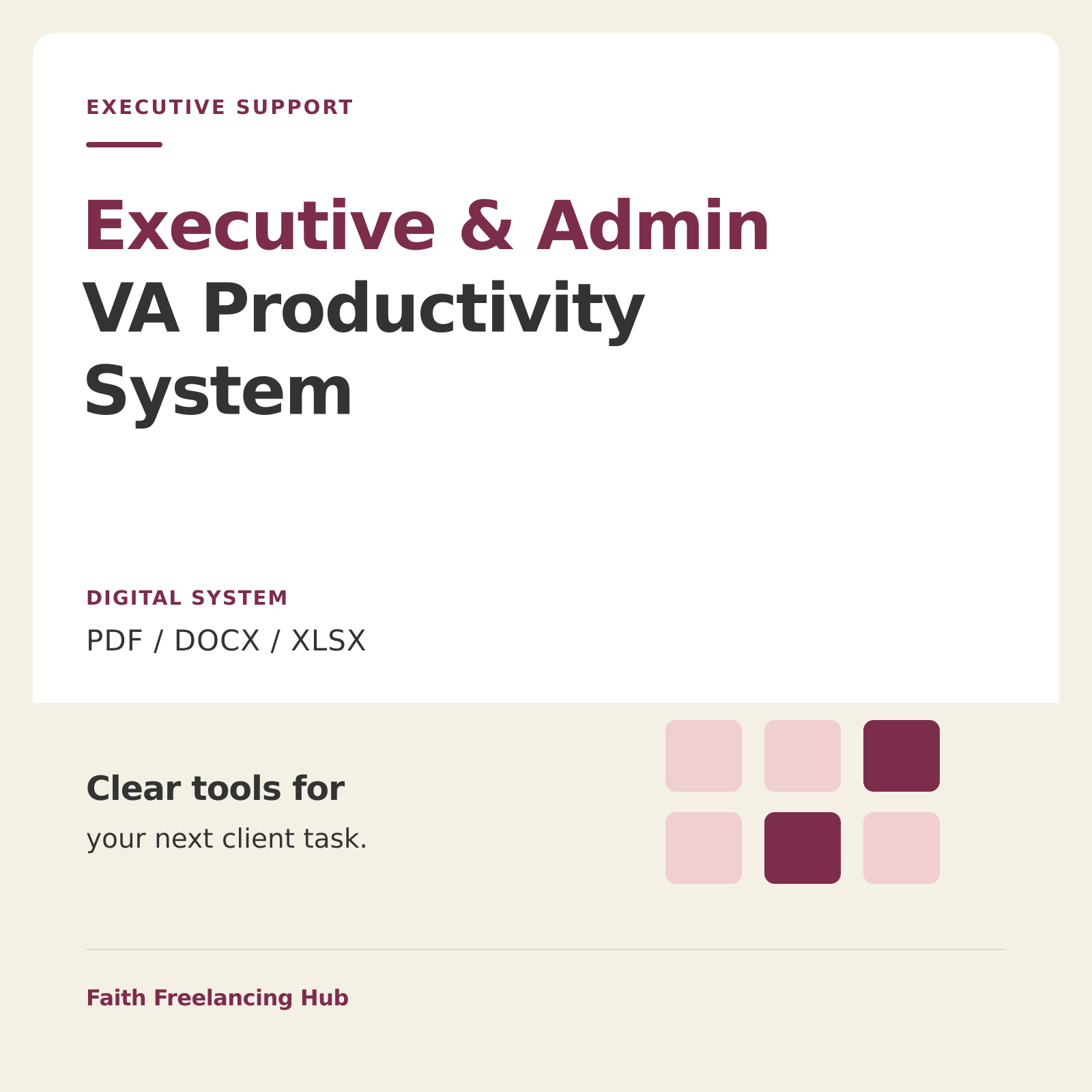 Executive and Admin VA Productivity System showing its guide and Excel dashboard