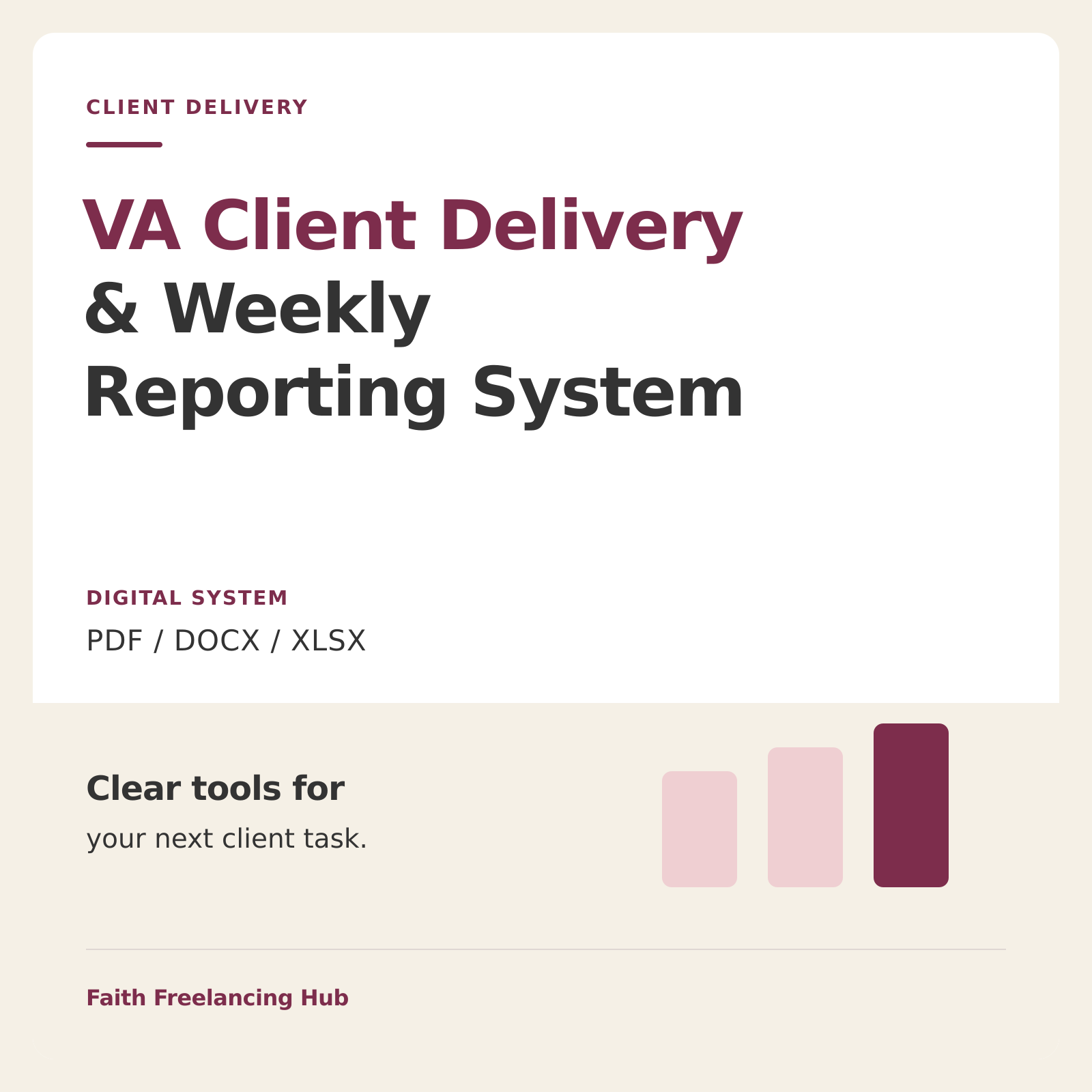 VA Client Delivery and Weekly Reporting System showing its guide and Excel dashboard