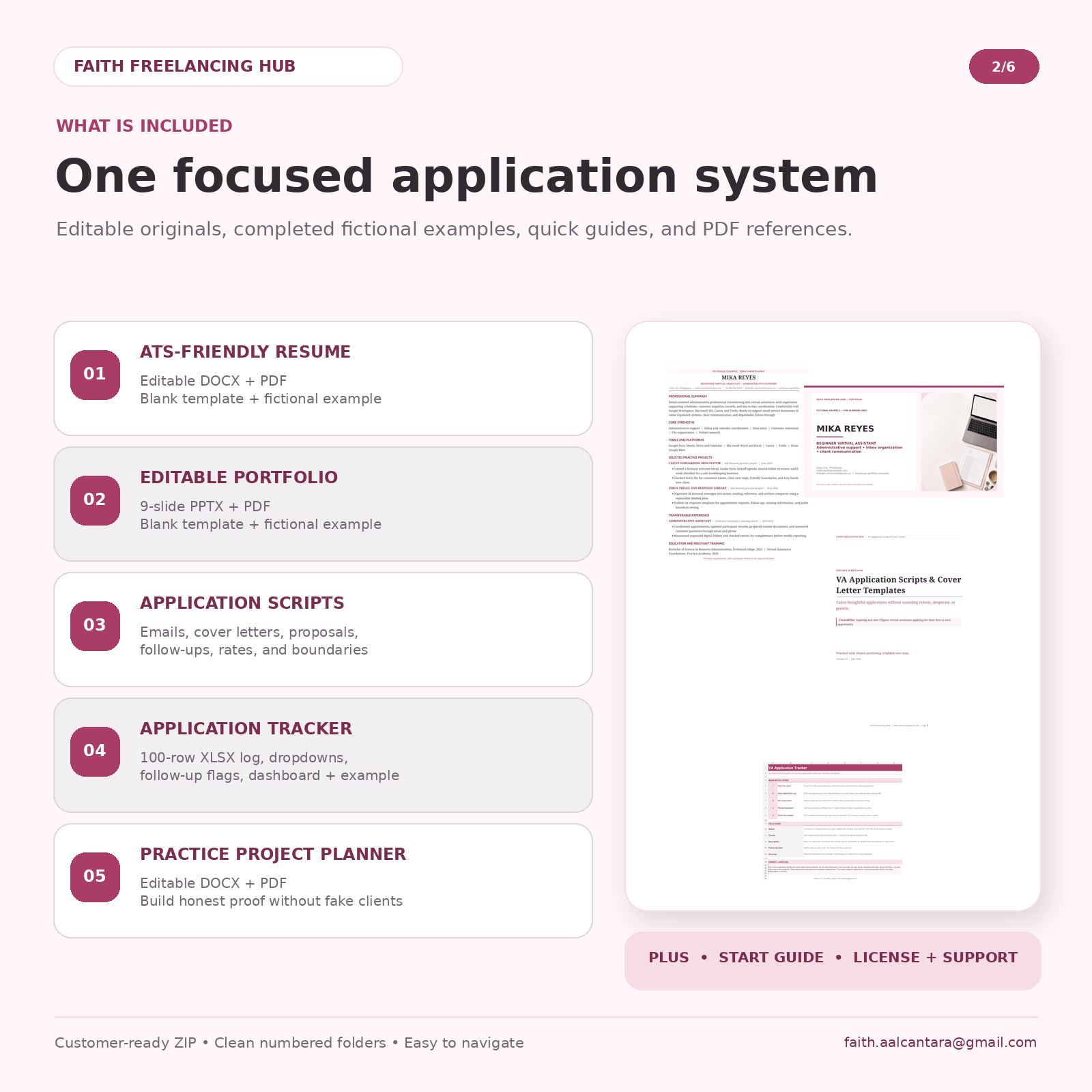 Application, Resume and Portfolio Kit showing resume, portfolio, scripts, tracker and support files