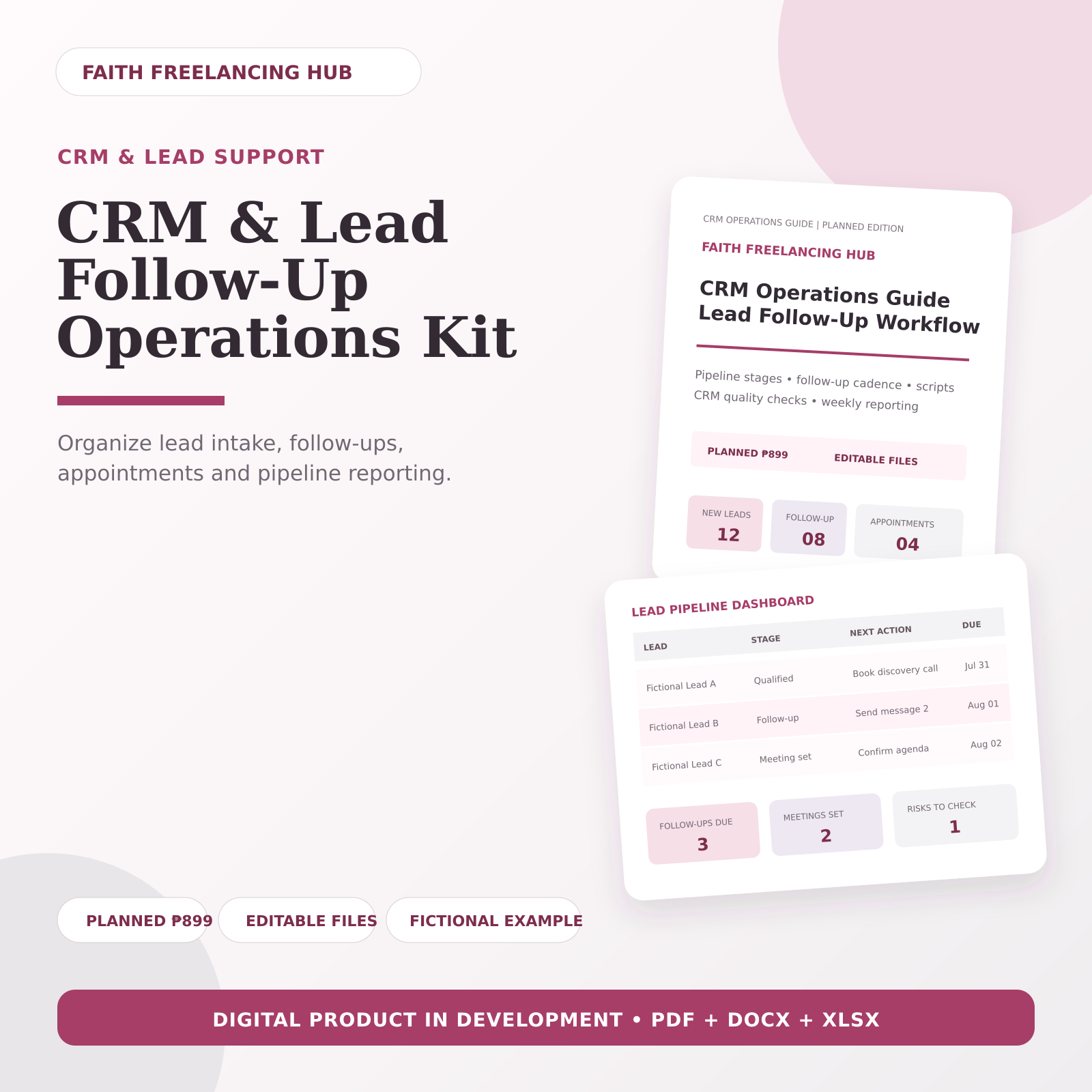 CRM and Lead Follow-Up Operations Kit showing a workflow guide and lead pipeline dashboard