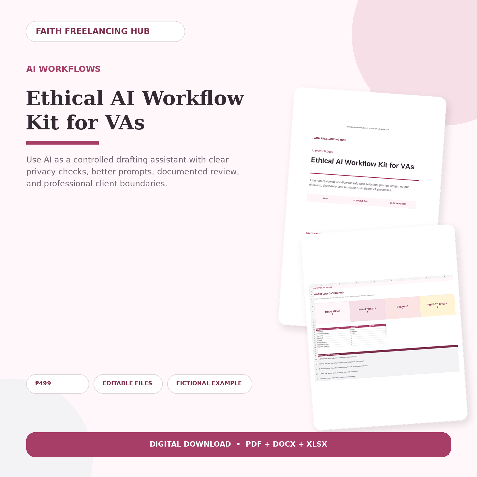 Ethical AI Workflow Kit for VAs showing its guide and Excel dashboard