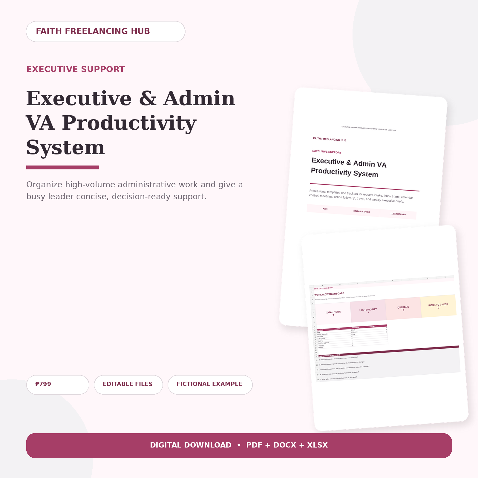 Executive and Admin VA Productivity System showing its guide and Excel dashboard