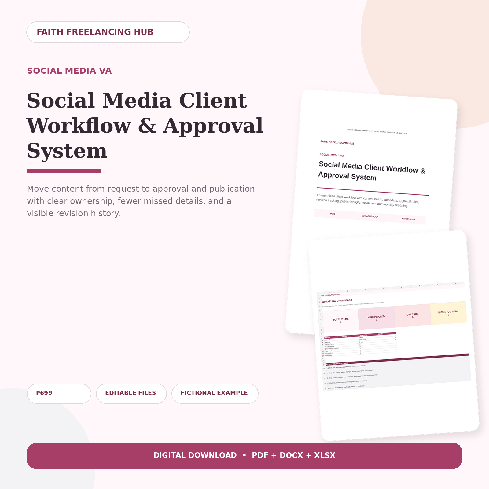 Social Media Client Workflow and Approval System showing its guide and Excel calendar