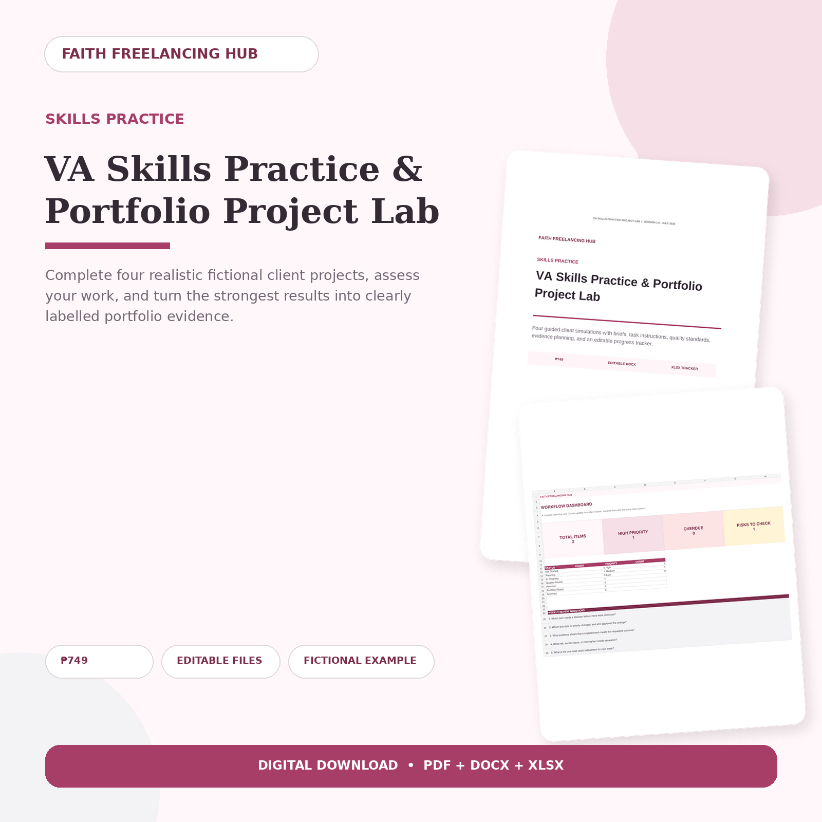 VA Skills Practice and Portfolio Project Lab showing its guide and Excel dashboard